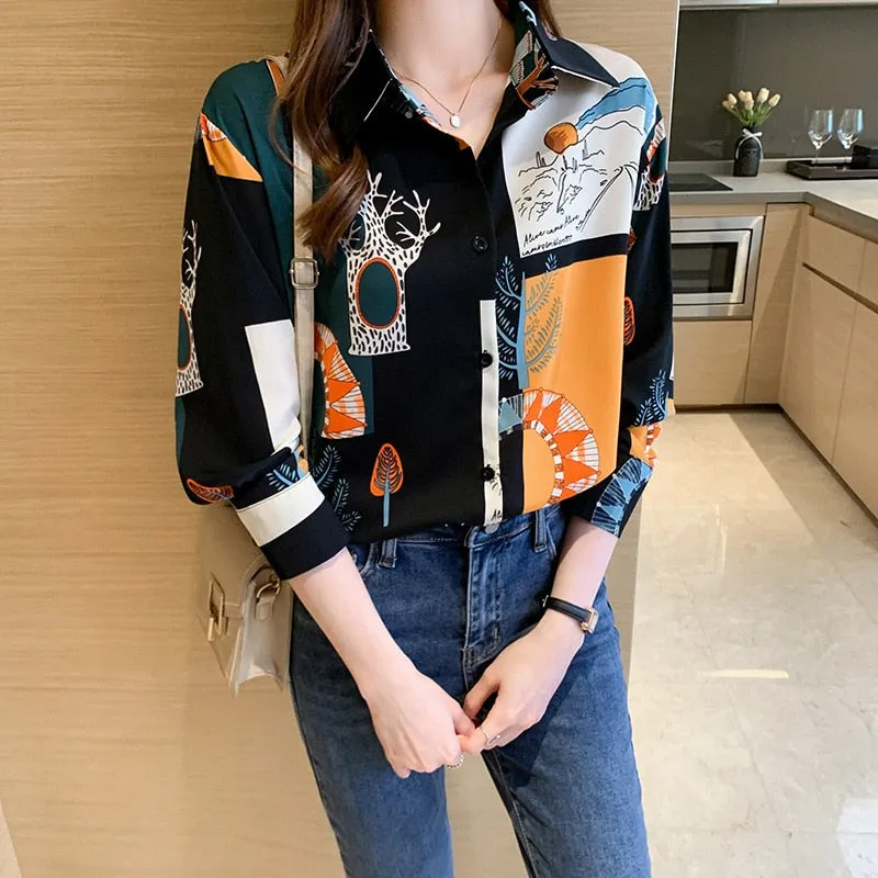 Women Autumn Spring Shirts Black White Cartoon Cat Print Blouses - WSB8551