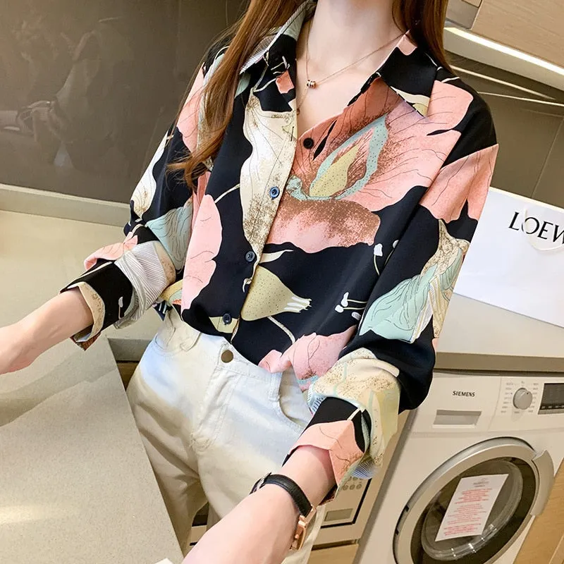 Women Autumn Spring Shirts Black White Cartoon Cat Print Blouses - WSB8551