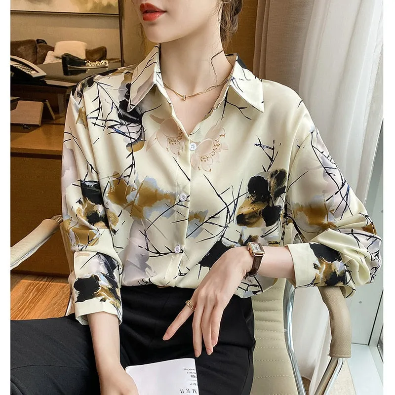 Women Autumn Spring Shirts Black White Cartoon Cat Print Blouses - WSB8551