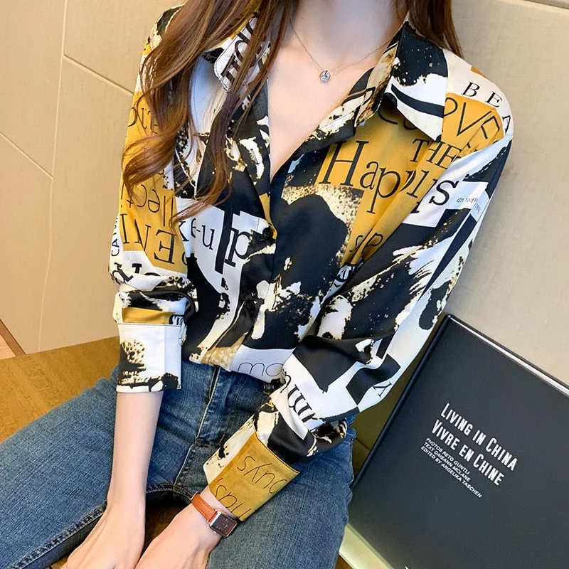 Women Autumn Spring Shirts Black White Cartoon Cat Print Blouses - WSB8551