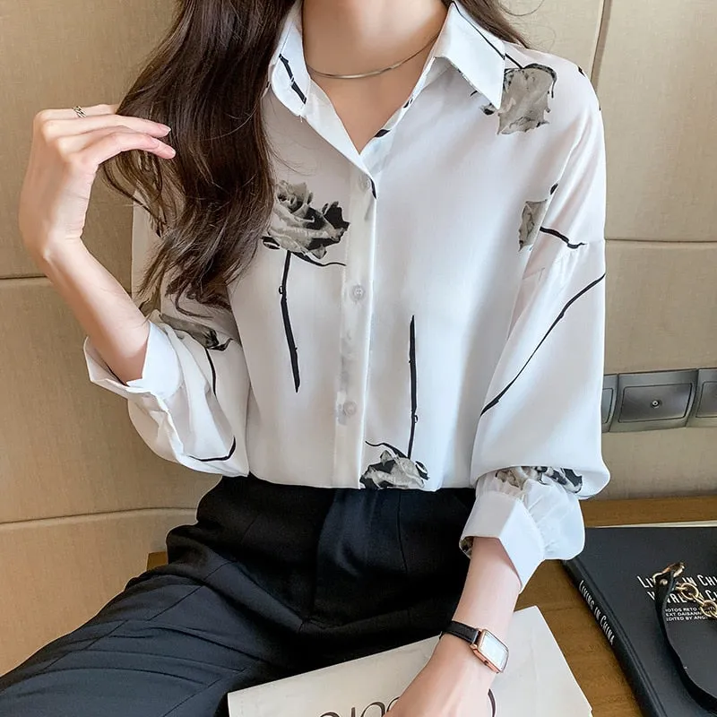 Women Autumn Spring Shirts Black White Cartoon Cat Print Blouses - WSB8551