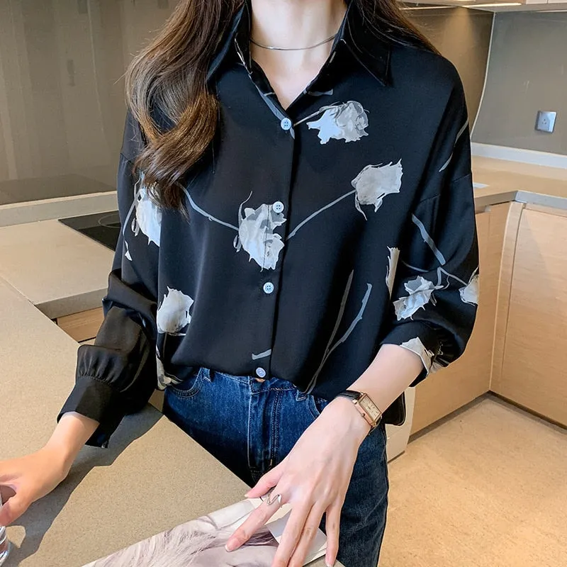 Women Autumn Spring Shirts Black White Cartoon Cat Print Blouses - WSB8551