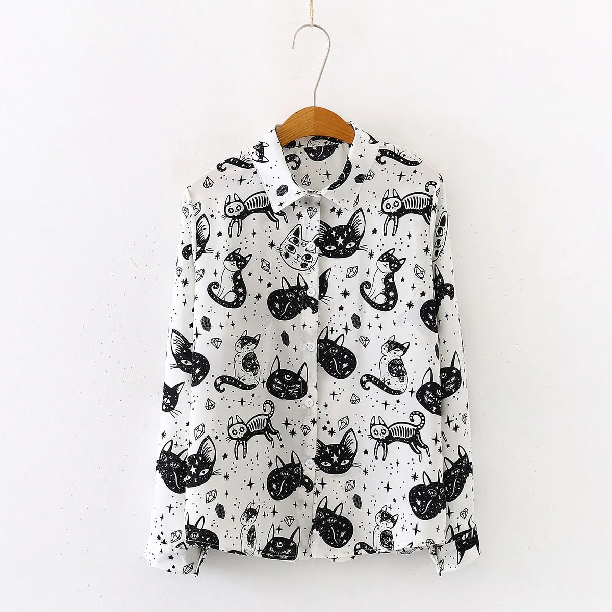 Women Autumn Spring Shirts Black White Cartoon Cat Print Blouses - WSB8551