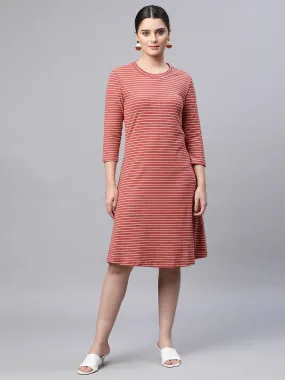 Women Crew Neck Orange & White Printed Regular Fit Hosiery Dress