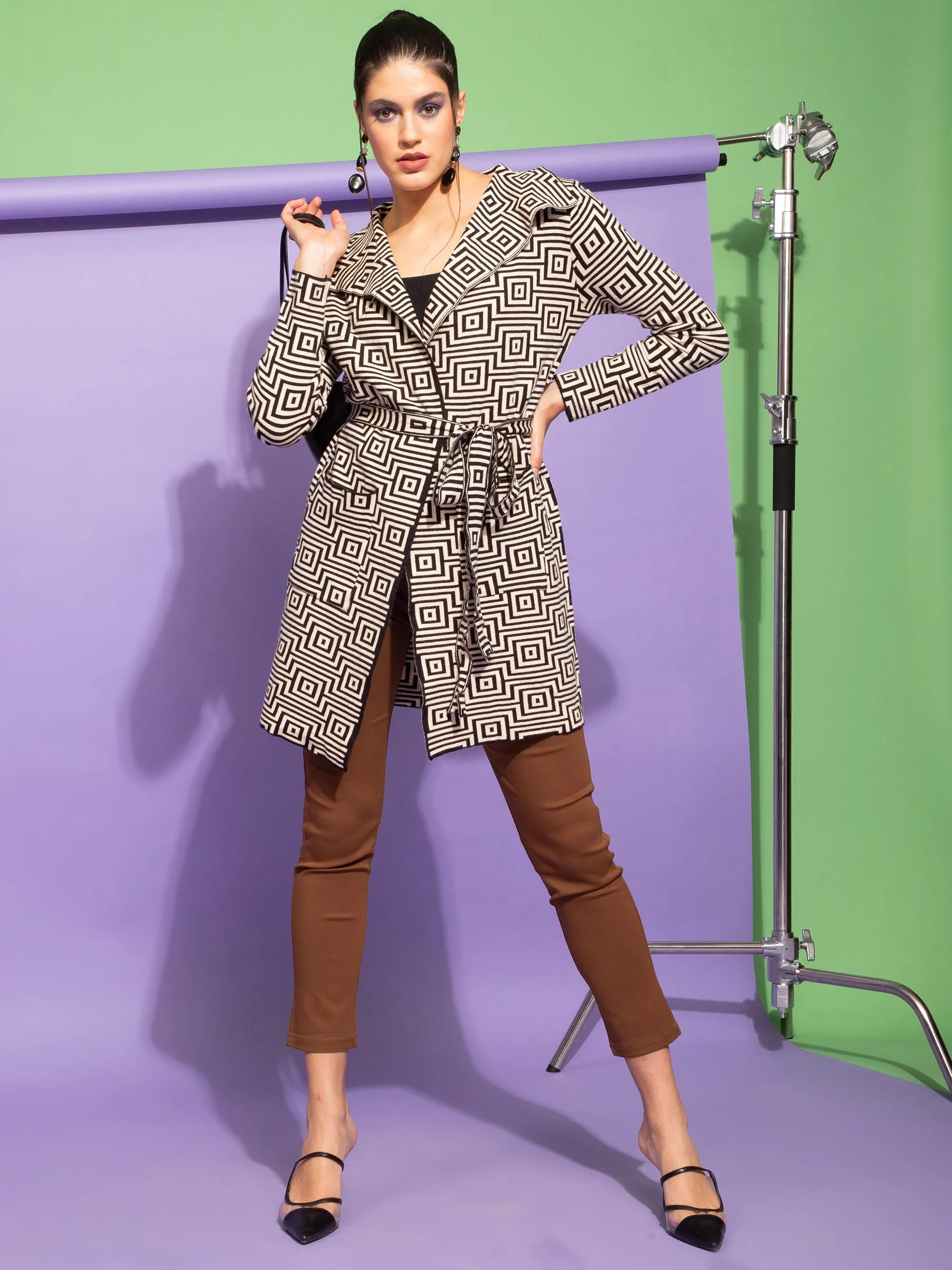 Women Jacquard Beige Knit Regular Fit Casual Coat