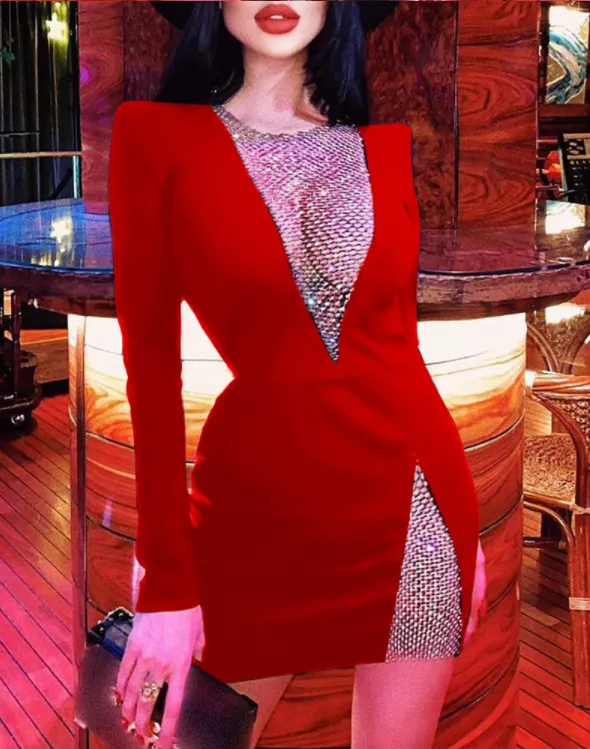 Women Long Sleeve Sexy Skinny Hollow-out Bodycon Party Dress