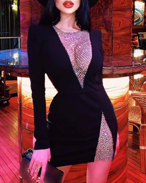 Women Long Sleeve Sexy Skinny Hollow-out Bodycon Party Dress