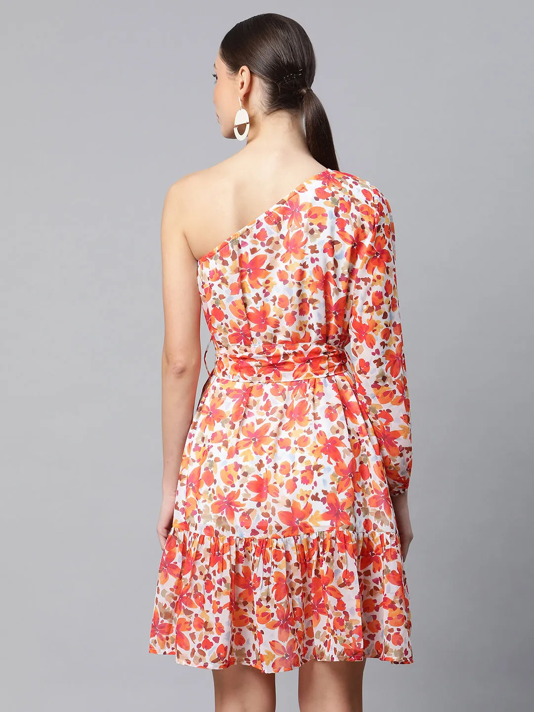 Women One-Shoulder Sunset Orange Floral Dress