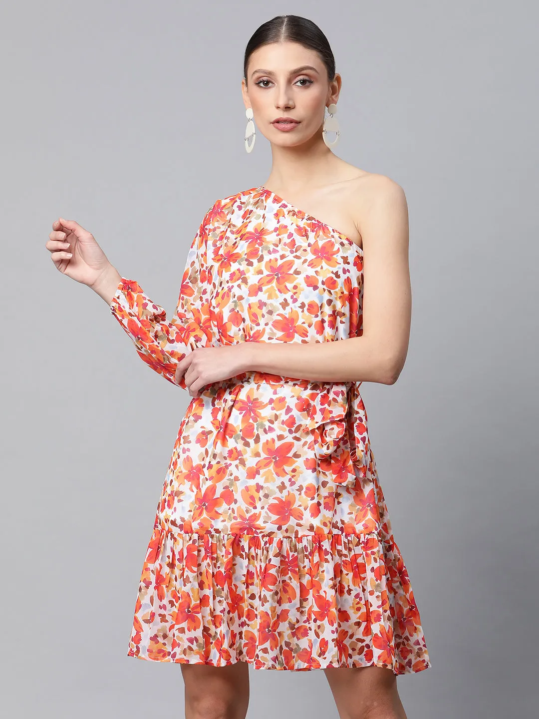 Women One-Shoulder Sunset Orange Floral Dress