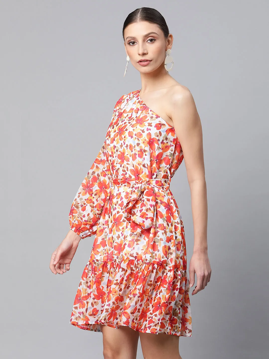 Women One-Shoulder Sunset Orange Floral Dress