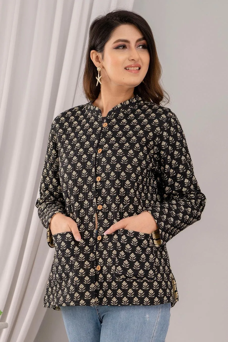 Women Printed Lightweight Cotton Quilted Black Jacket - SHKL1016