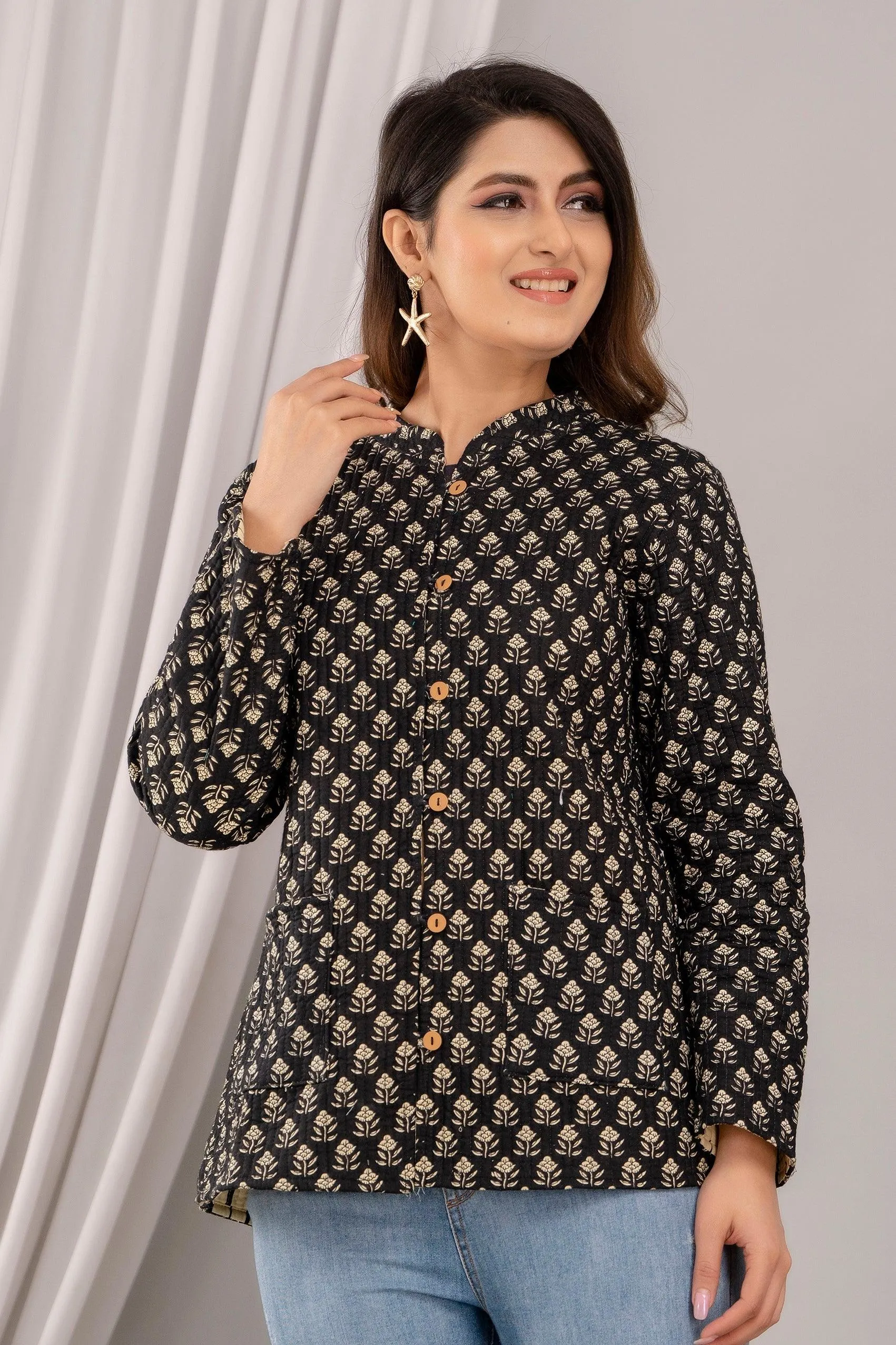 Women Printed Lightweight Cotton Quilted Black Jacket - SHKL1016