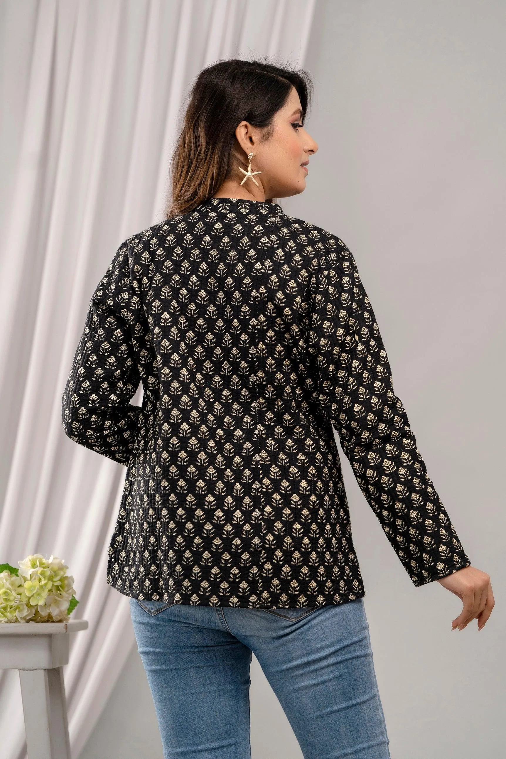 Women Printed Lightweight Cotton Quilted Black Jacket - SHKL1016