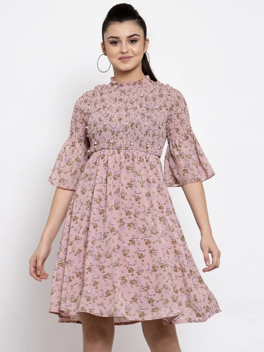 Women Printed Pink Round Neck Crape Dress