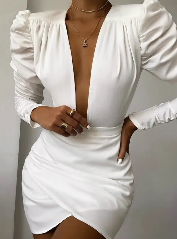 Women Sexy Plunge Deep V-neck Mini Ruched Bodycon Dress