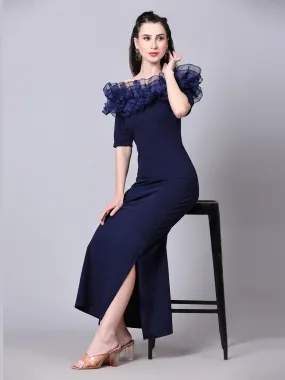 Women Stylish Solid Cotton Lycra Short Sleeve Maxi/Full Length Bodycon Navy Blue Dress