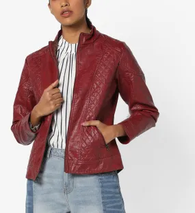 Women's Burgundy Leather Jacket with Quilted Design WJ064