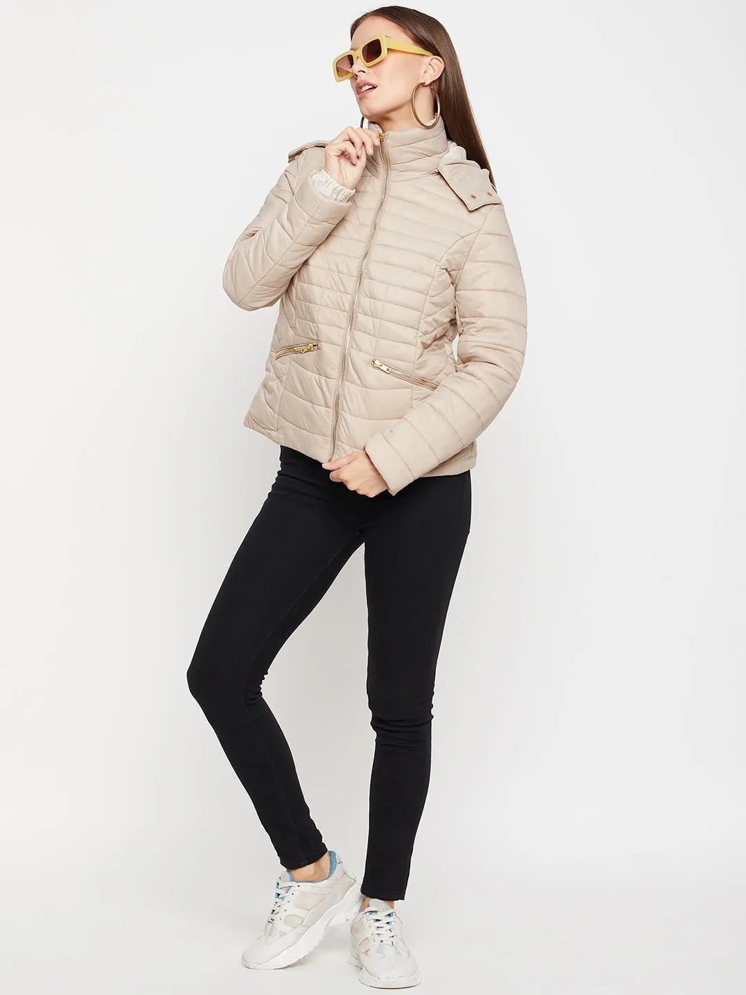 Women's Casual  Beige Quilted Detachable quilted Hood Puffer Jacket