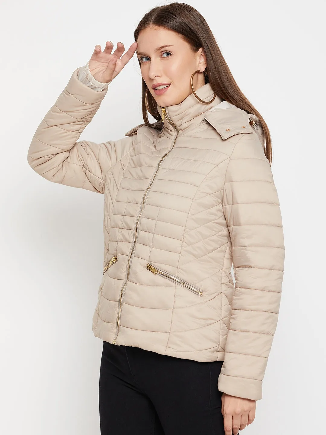 Women's Casual  Beige Quilted Detachable quilted Hood Puffer Jacket