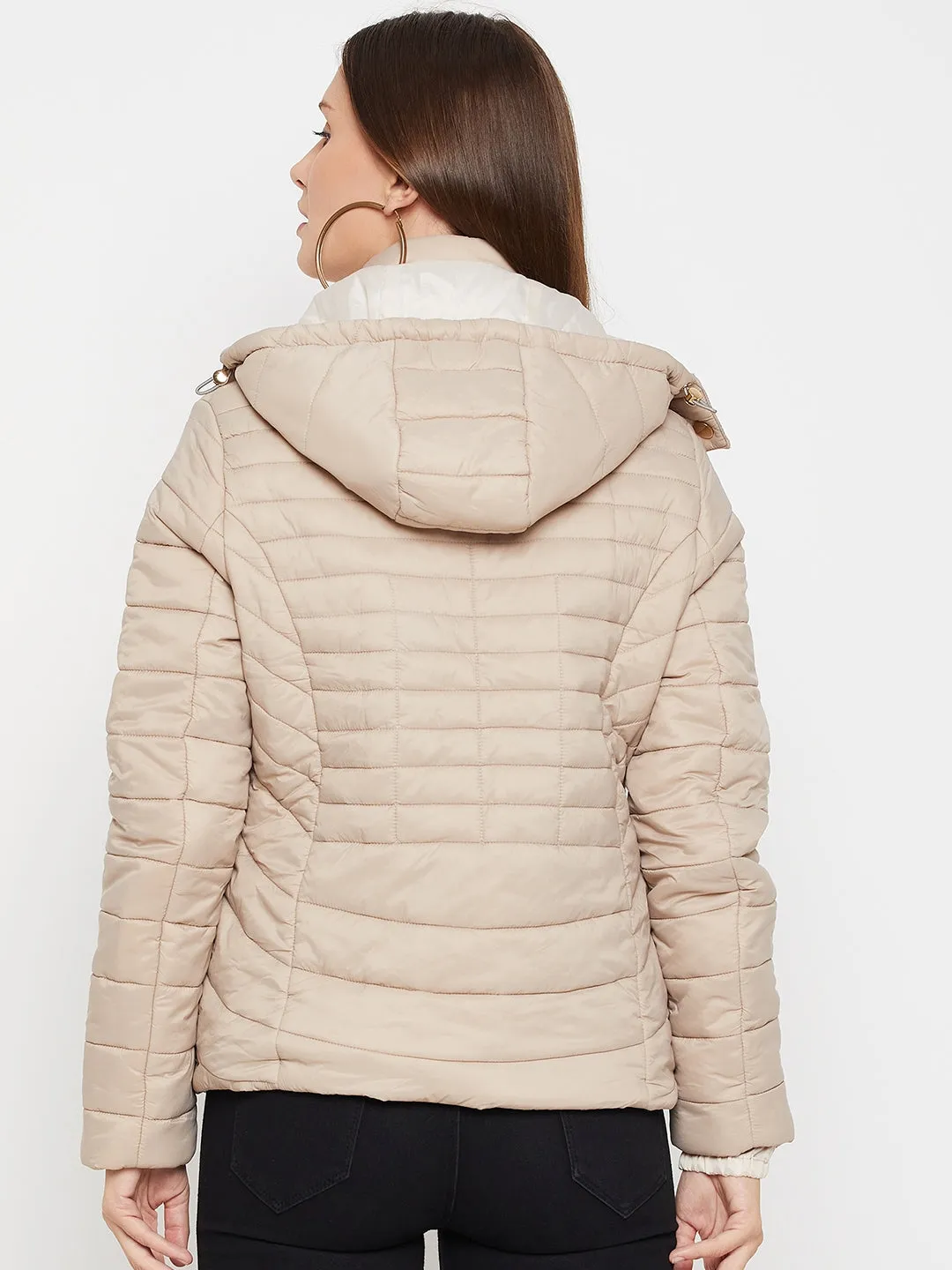 Women's Casual  Beige Quilted Detachable quilted Hood Puffer Jacket