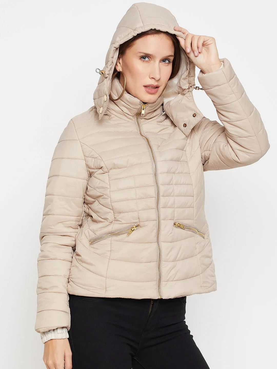 Women's Casual  Beige Quilted Detachable quilted Hood Puffer Jacket