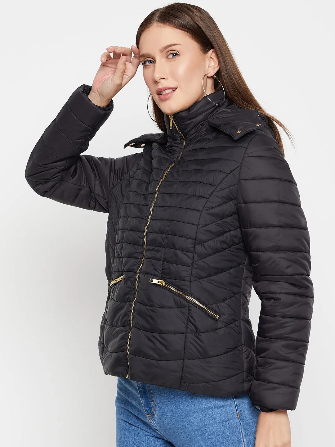 Women's Casual  Black Quilted Detachable quilted Hood Puffer Jacket