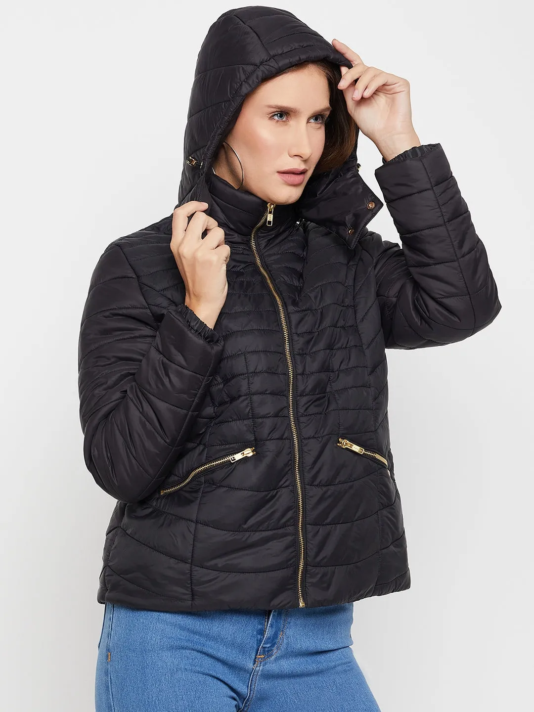 Women's Casual  Black Quilted Detachable quilted Hood Puffer Jacket