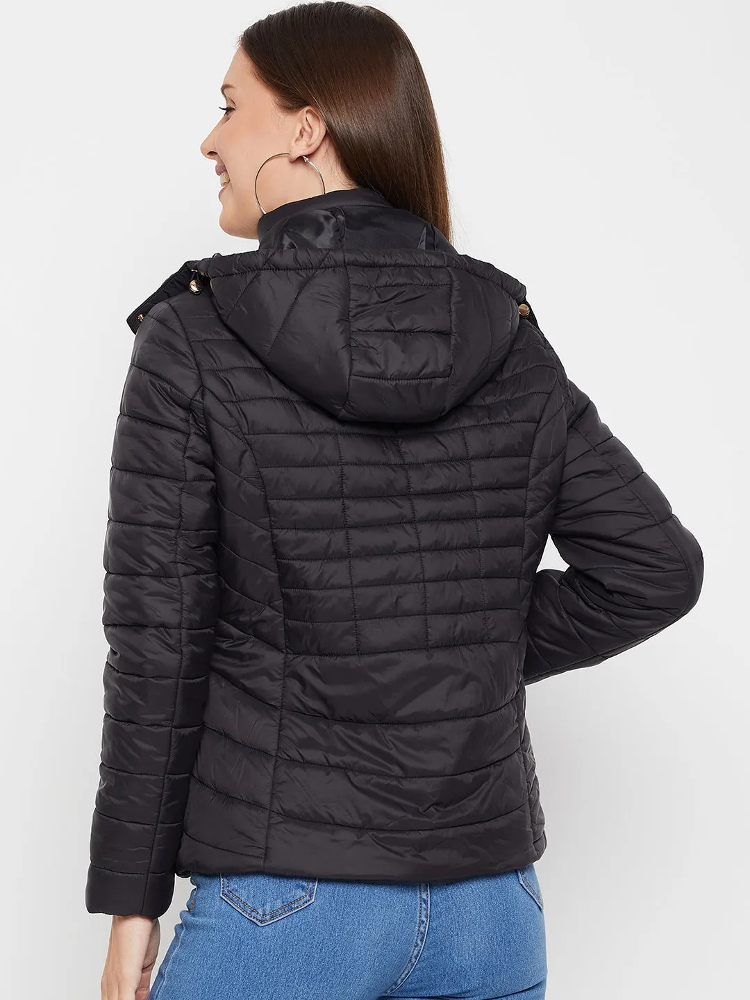 Women's Casual  Black Quilted Detachable quilted Hood Puffer Jacket