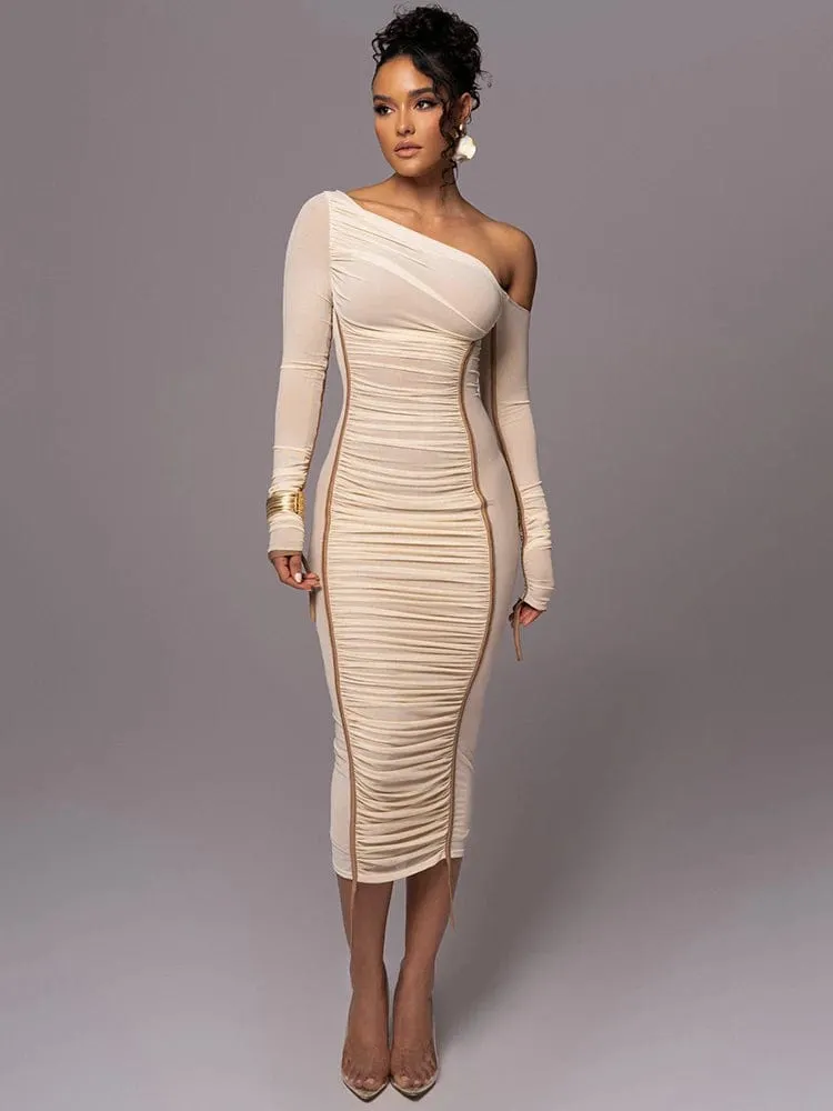 Women's Elegant Diagonal Collar Long Sleeve Midi Dress: Mesh Two-Layer Backless Ruched Bodycon