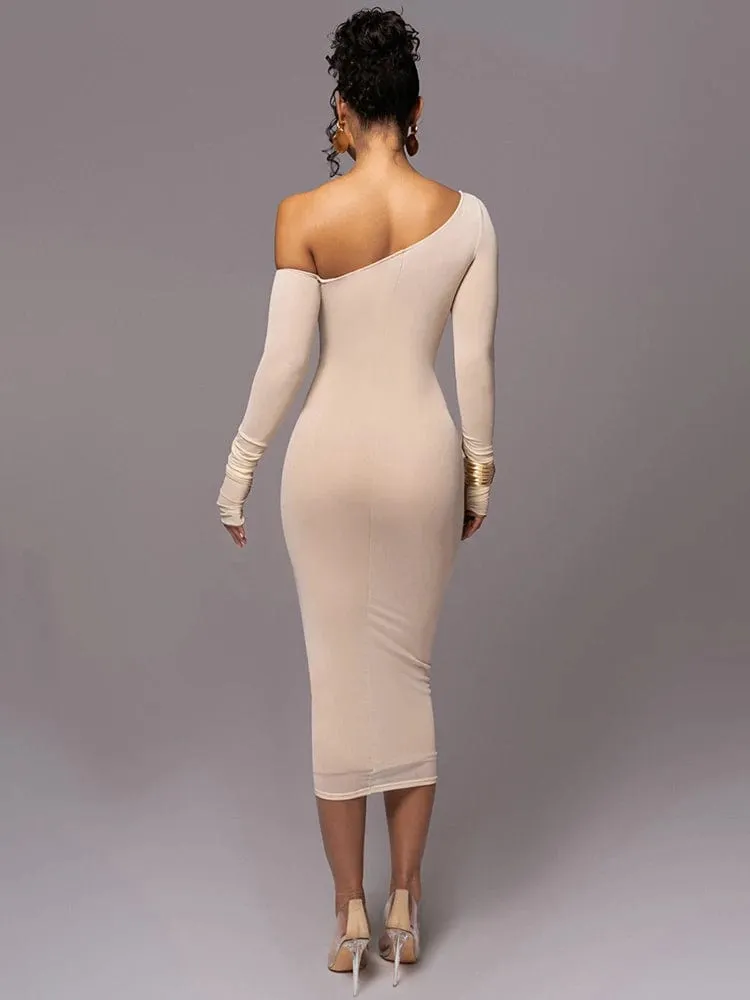 Women's Elegant Diagonal Collar Long Sleeve Midi Dress: Mesh Two-Layer Backless Ruched Bodycon