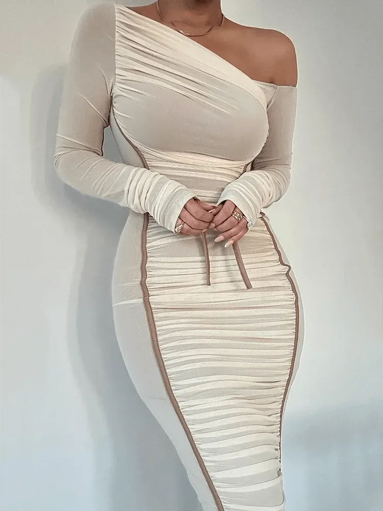 Women's Elegant Diagonal Collar Long Sleeve Midi Dress: Mesh Two-Layer Backless Ruched Bodycon