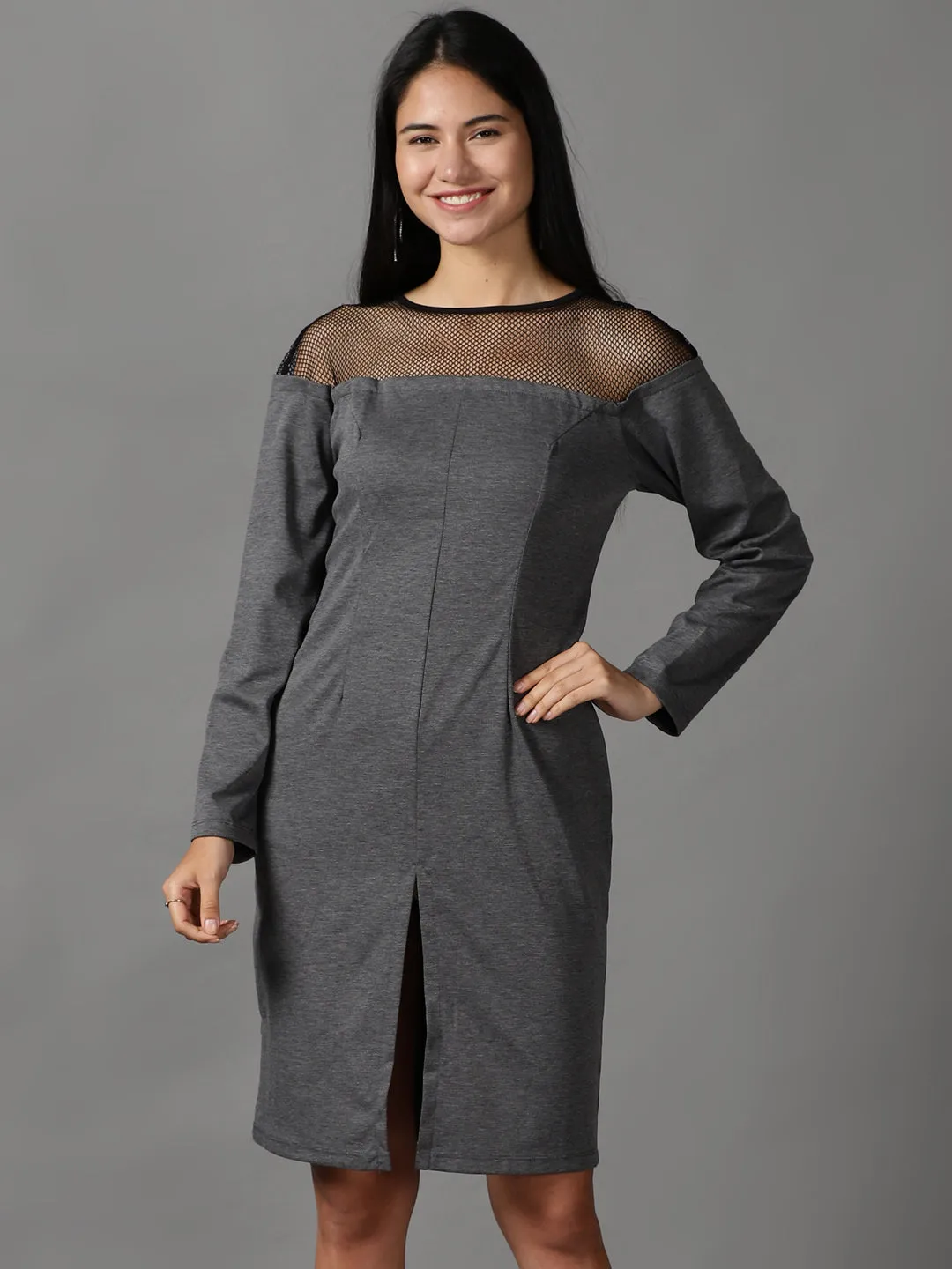 Women's Grey Solid Bodycon Dress