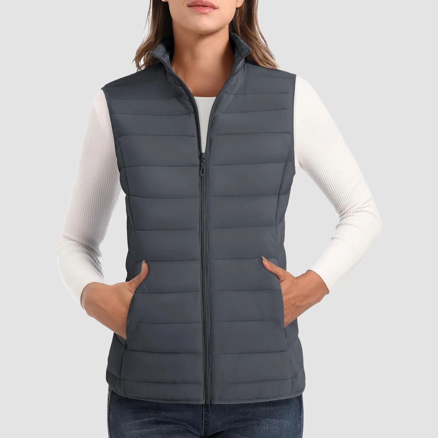 Women's Puffer Vest Lightweight Stand Collar Zip 4 Pockets Puffy Vests Sleeveless Quilted Padded Outerwear