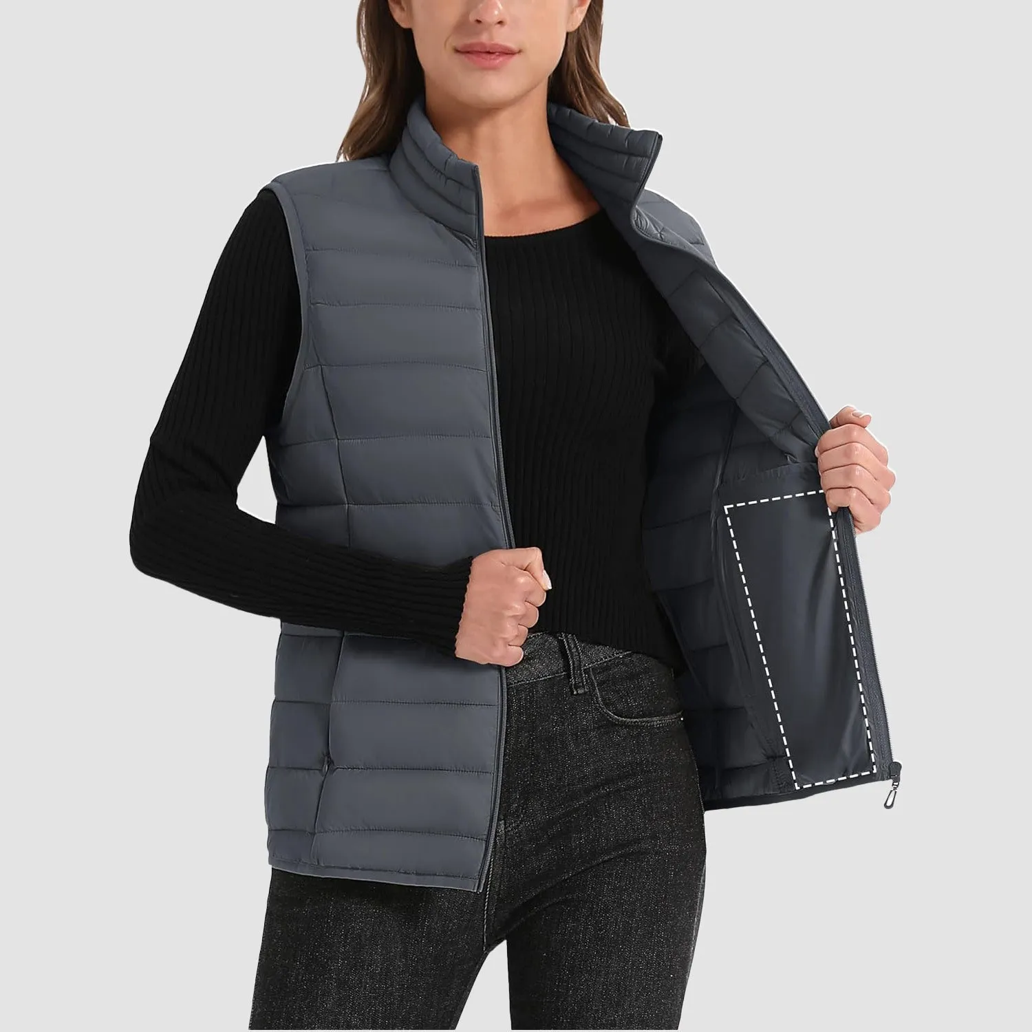 Women's Puffer Vest Lightweight Stand Collar Zip 4 Pockets Puffy Vests Sleeveless Quilted Padded Outerwear