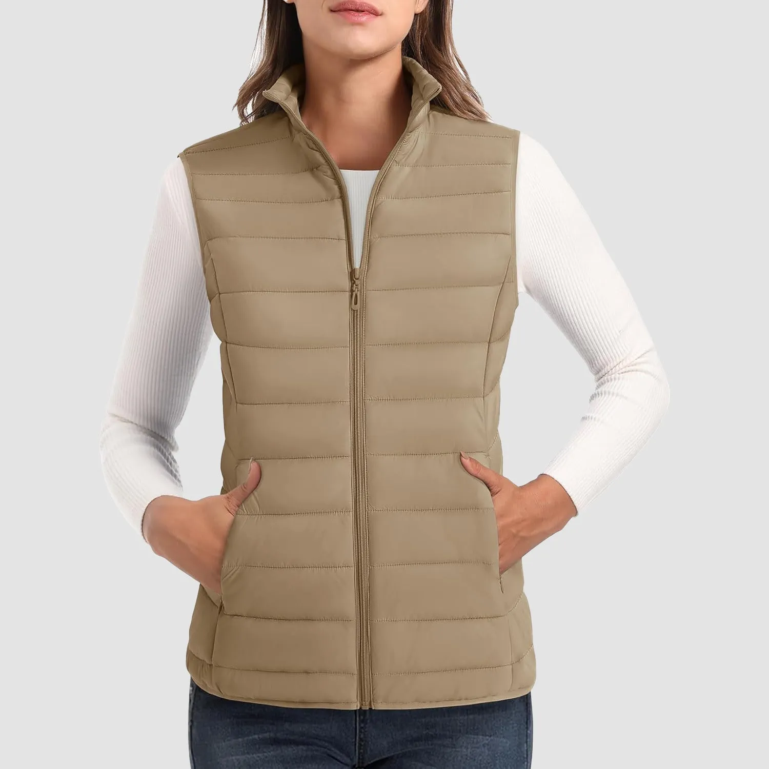 Women's Puffer Vest Lightweight Stand Collar Zip 4 Pockets Puffy Vests Sleeveless Quilted Padded Outerwear