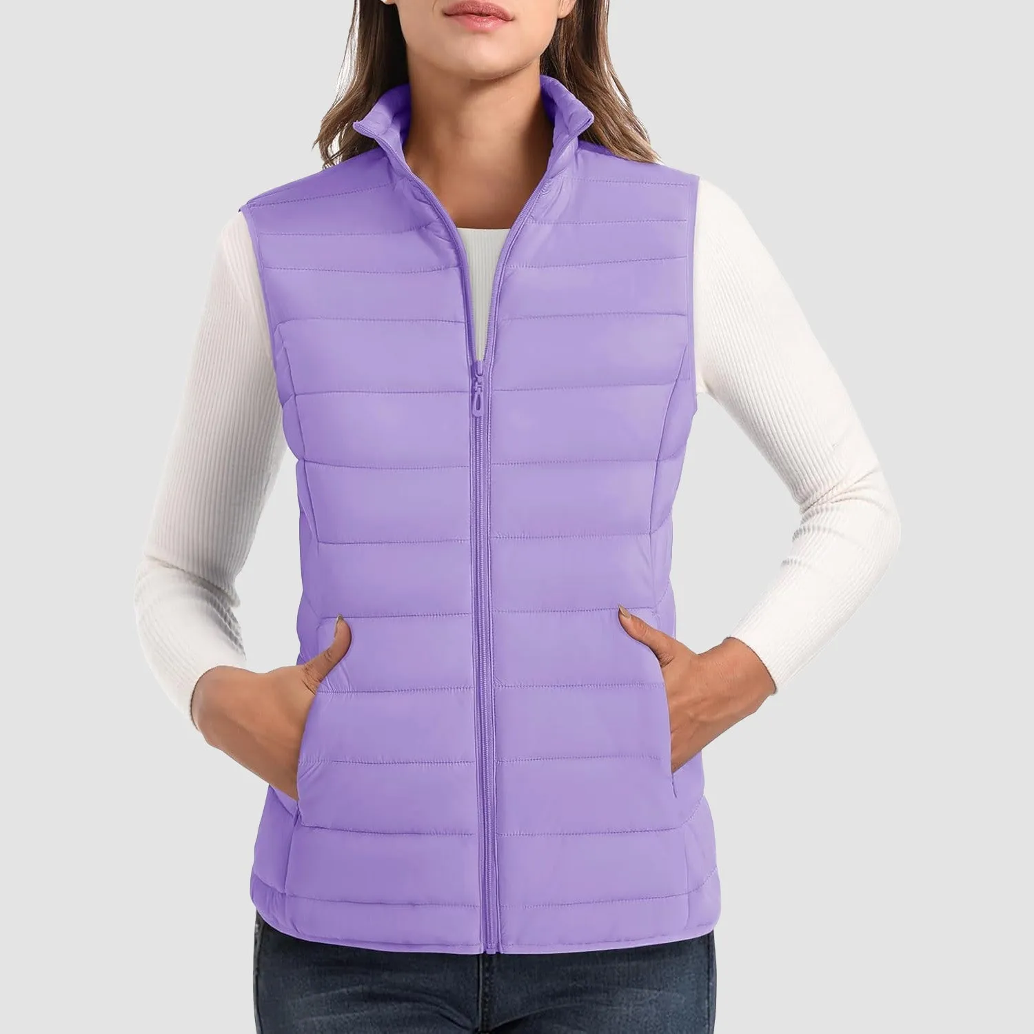 Women's Puffer Vest Lightweight Stand Collar Zip 4 Pockets Puffy Vests Sleeveless Quilted Padded Outerwear