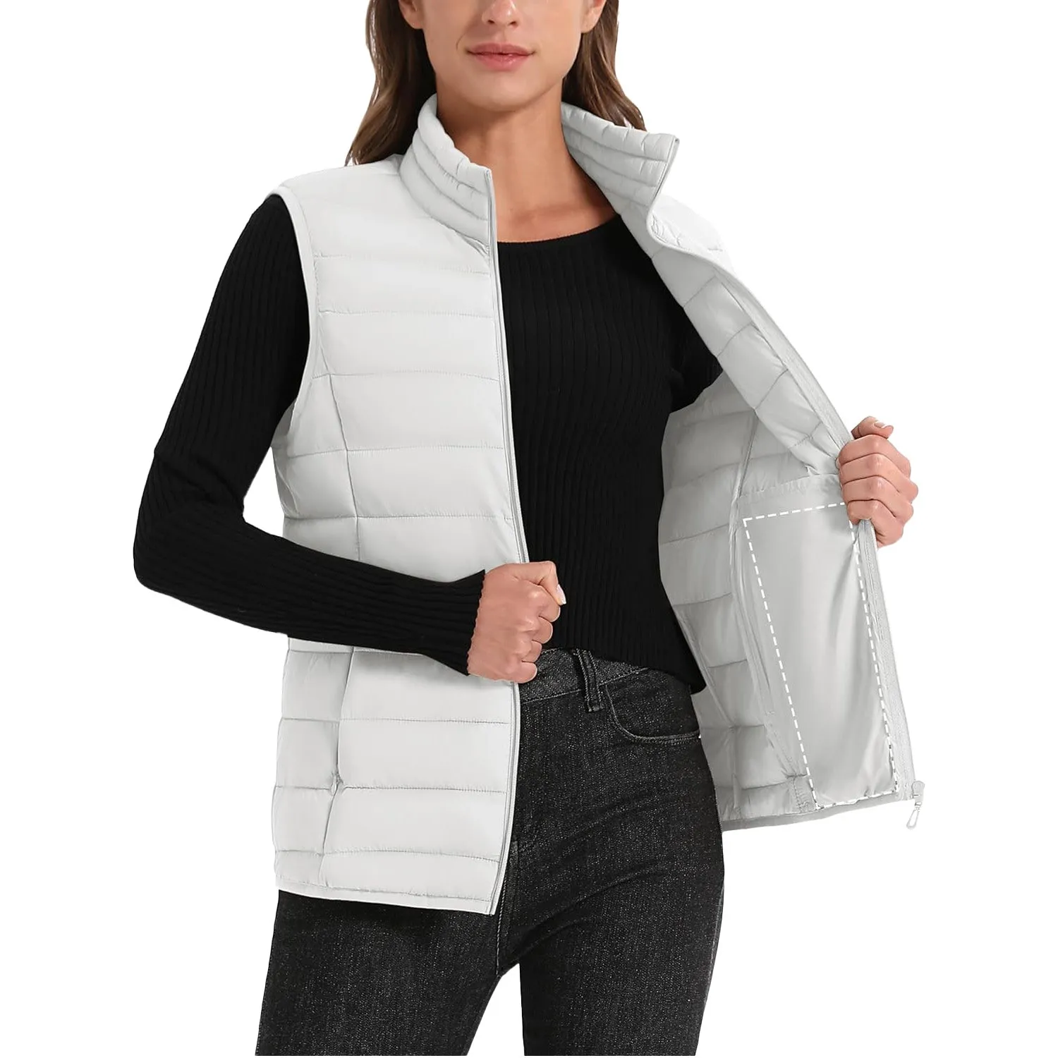 Women's Puffer Vest Lightweight Stand Collar Zip 4 Pockets Puffy Vests Sleeveless Quilted Padded Outerwear