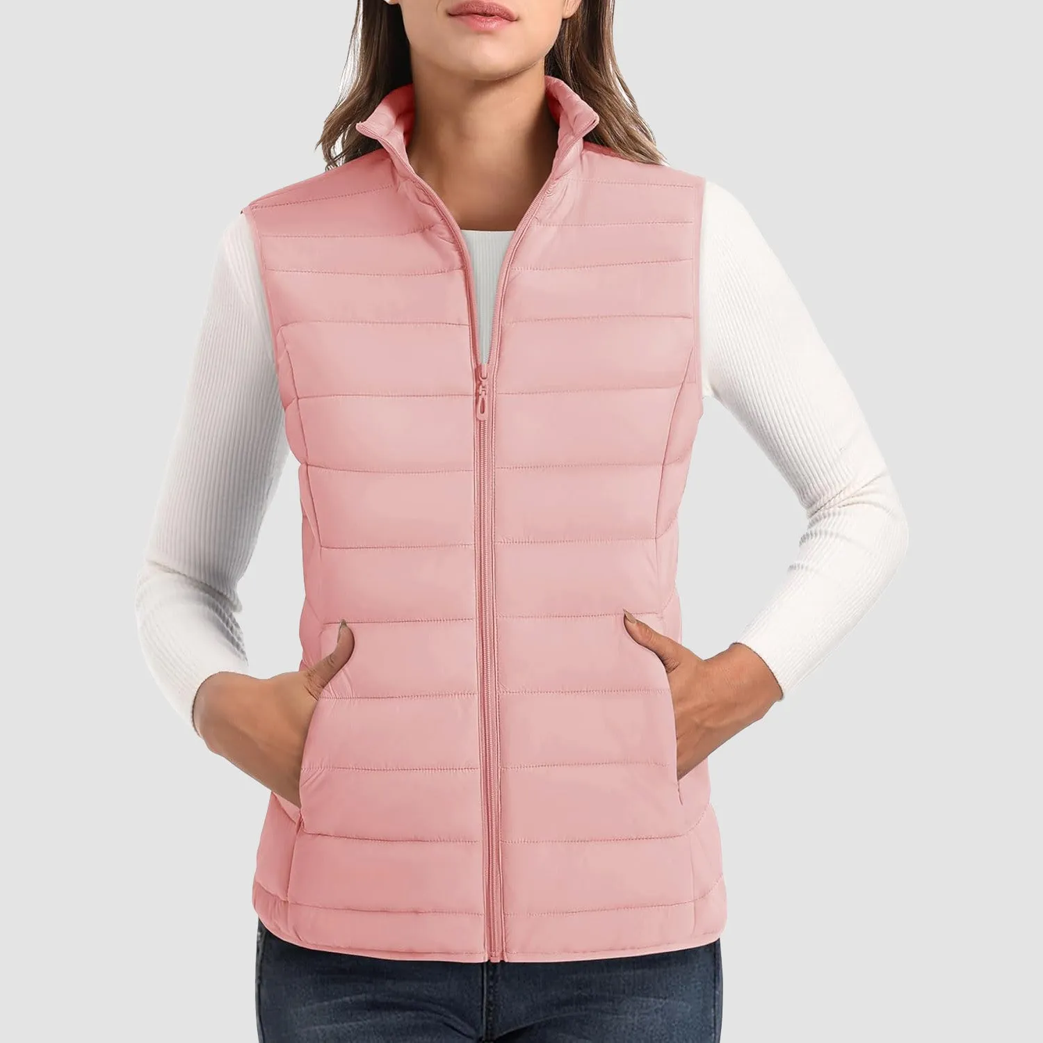 Women's Puffer Vest Lightweight Stand Collar Zip 4 Pockets Puffy Vests Sleeveless Quilted Padded Outerwear