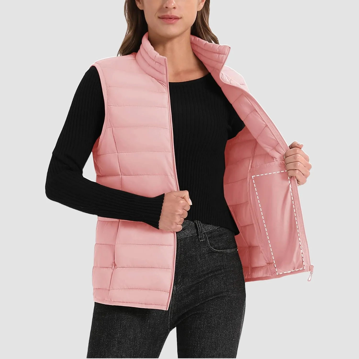 Women's Puffer Vest Lightweight Stand Collar Zip 4 Pockets Puffy Vests Sleeveless Quilted Padded Outerwear