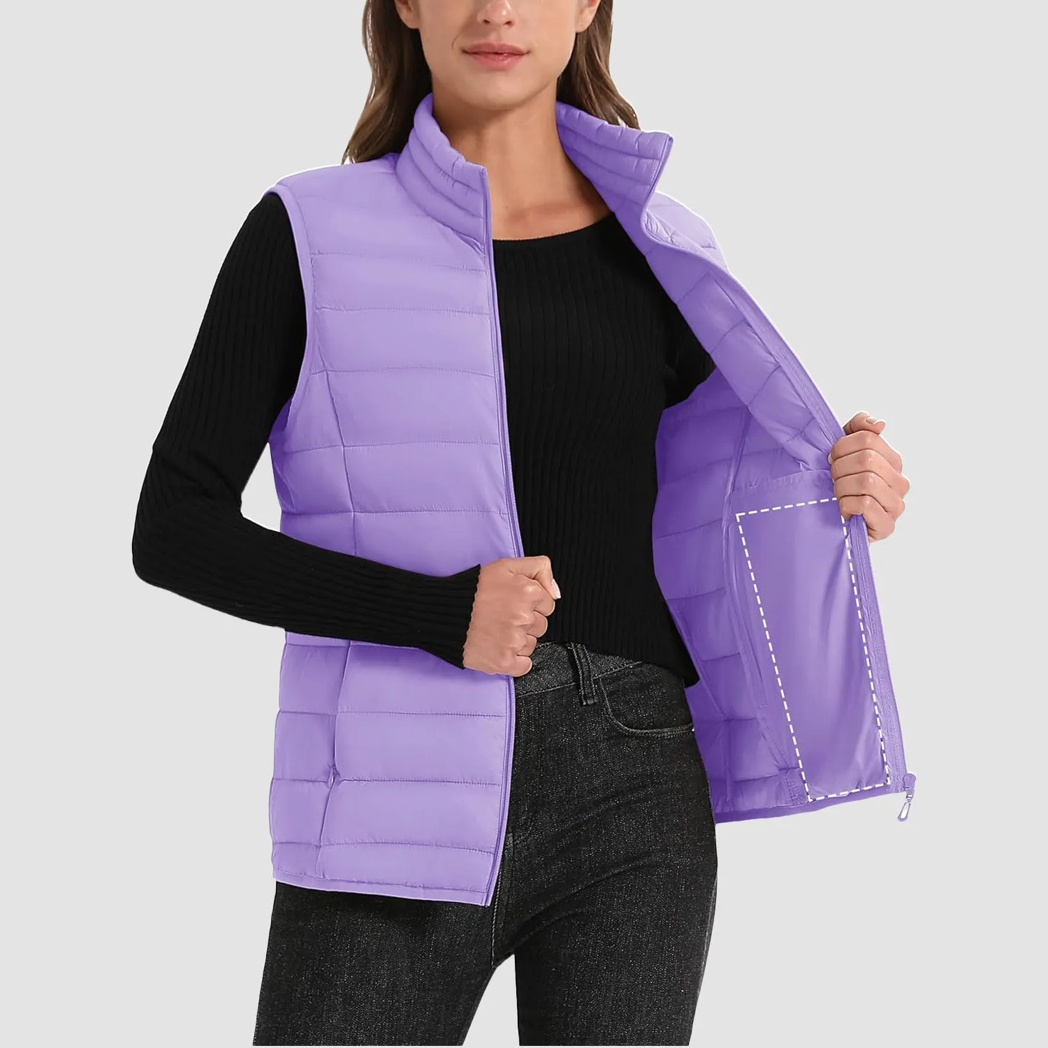 Women's Puffer Vest Lightweight Stand Collar Zip 4 Pockets Puffy Vests Sleeveless Quilted Padded Outerwear