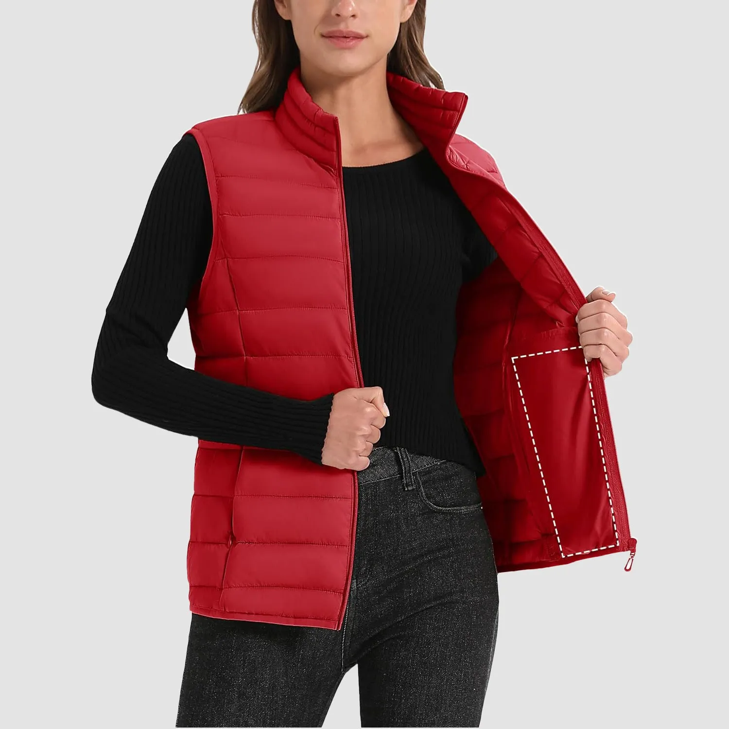 Women's Puffer Vest Lightweight Stand Collar Zip 4 Pockets Puffy Vests Sleeveless Quilted Padded Outerwear