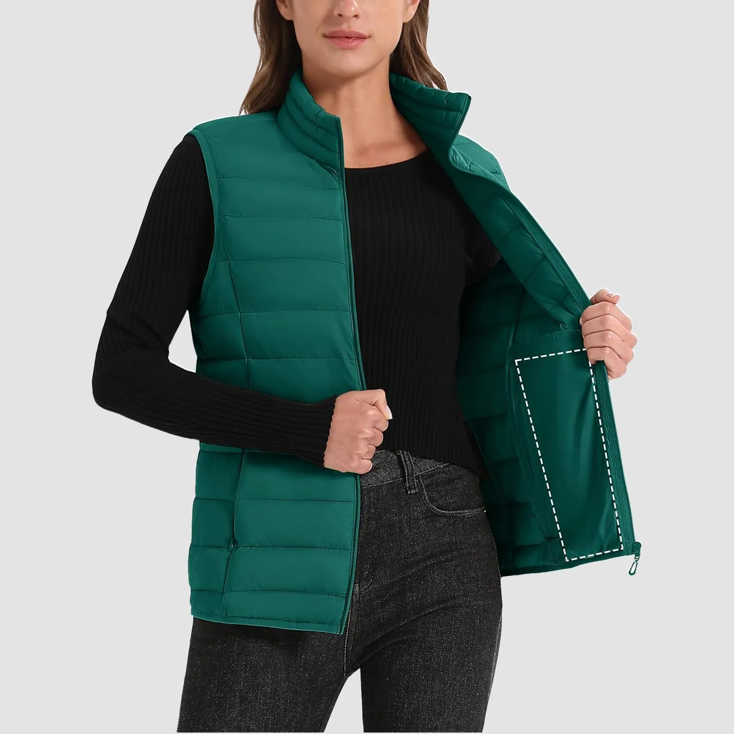 Women's Puffer Vest Lightweight Stand Collar Zip 4 Pockets Puffy Vests Sleeveless Quilted Padded Outerwear