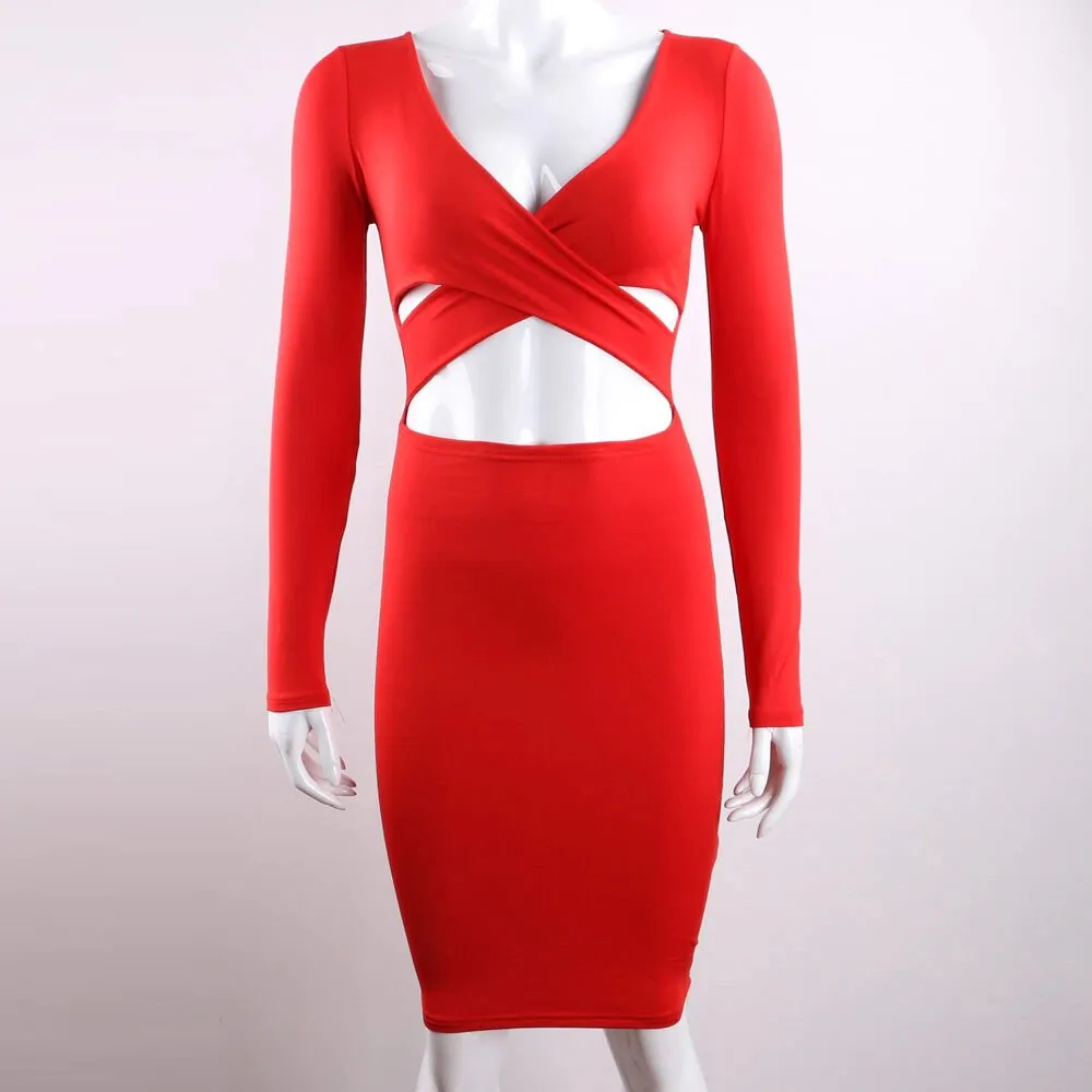 Women's Spring/Autumn Long-Sleeved Elastic Bandage Midi Dress