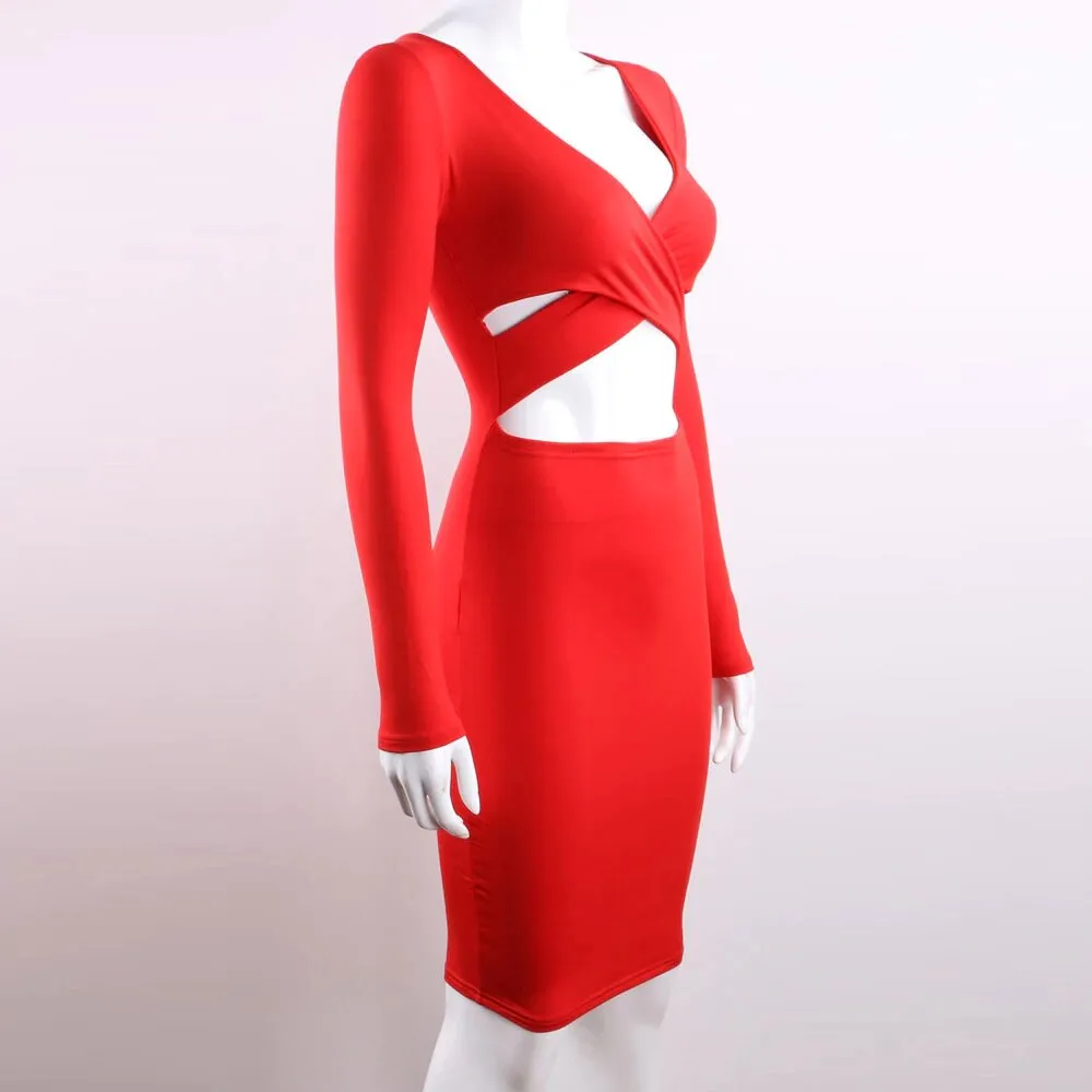 Women's Spring/Autumn Long-Sleeved Elastic Bandage Midi Dress