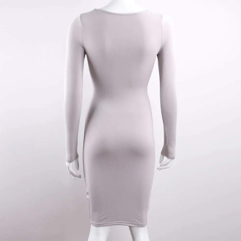 Women's Spring/Autumn Long-Sleeved Elastic Bandage Midi Dress