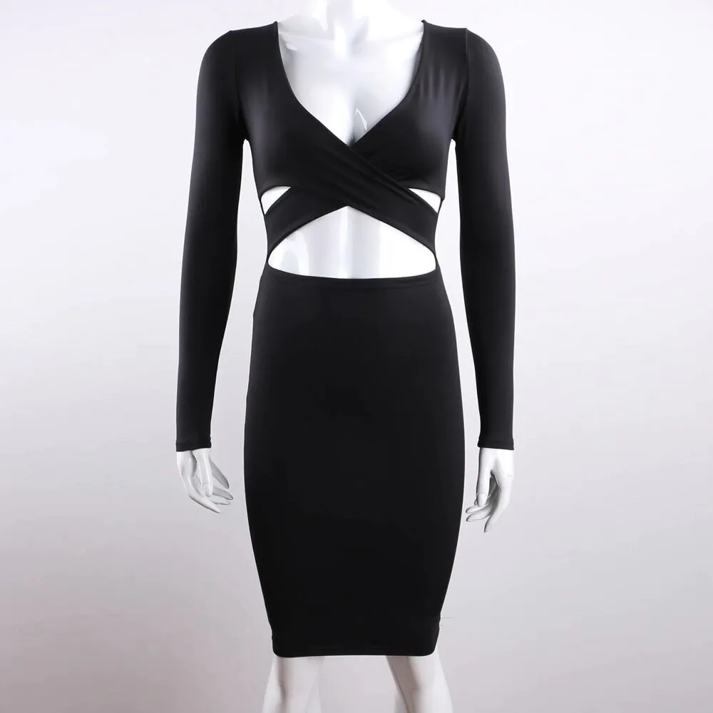 Women's Spring/Autumn Long-Sleeved Elastic Bandage Midi Dress