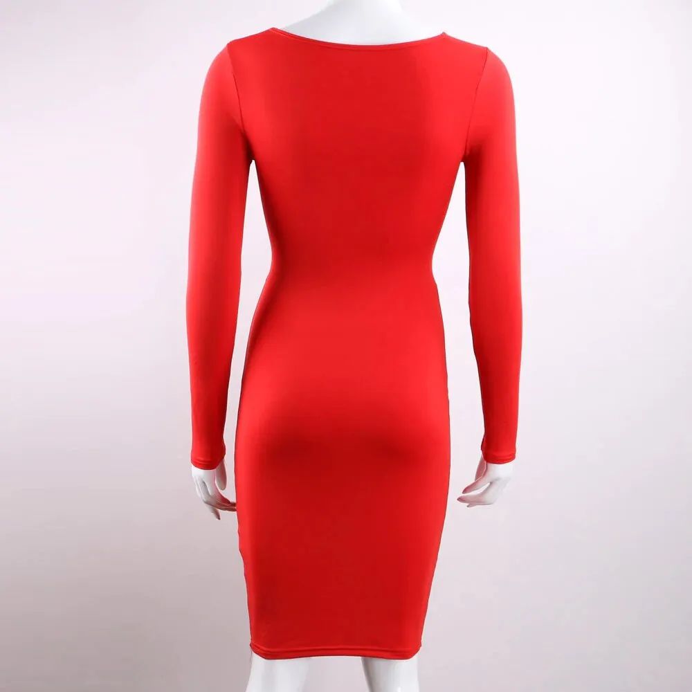 Women's Spring/Autumn Long-Sleeved Elastic Bandage Midi Dress