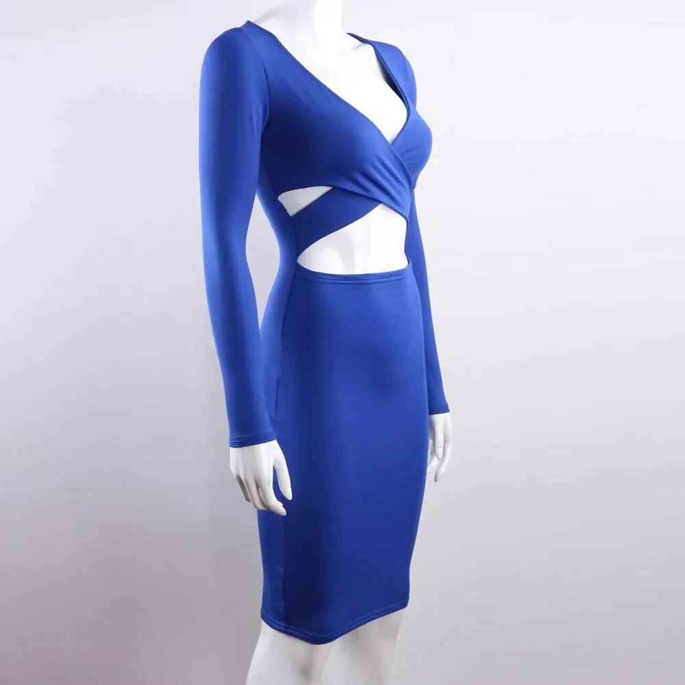 Women's Spring/Autumn Long-Sleeved Elastic Bandage Midi Dress