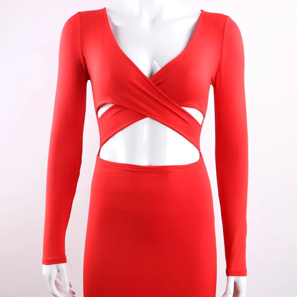 Women's Spring/Autumn Long-Sleeved Elastic Bandage Midi Dress