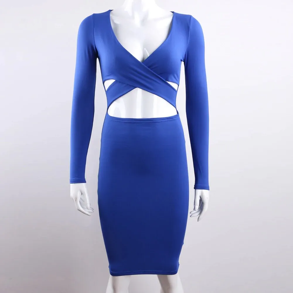 Women's Spring/Autumn Long-Sleeved Elastic Bandage Midi Dress